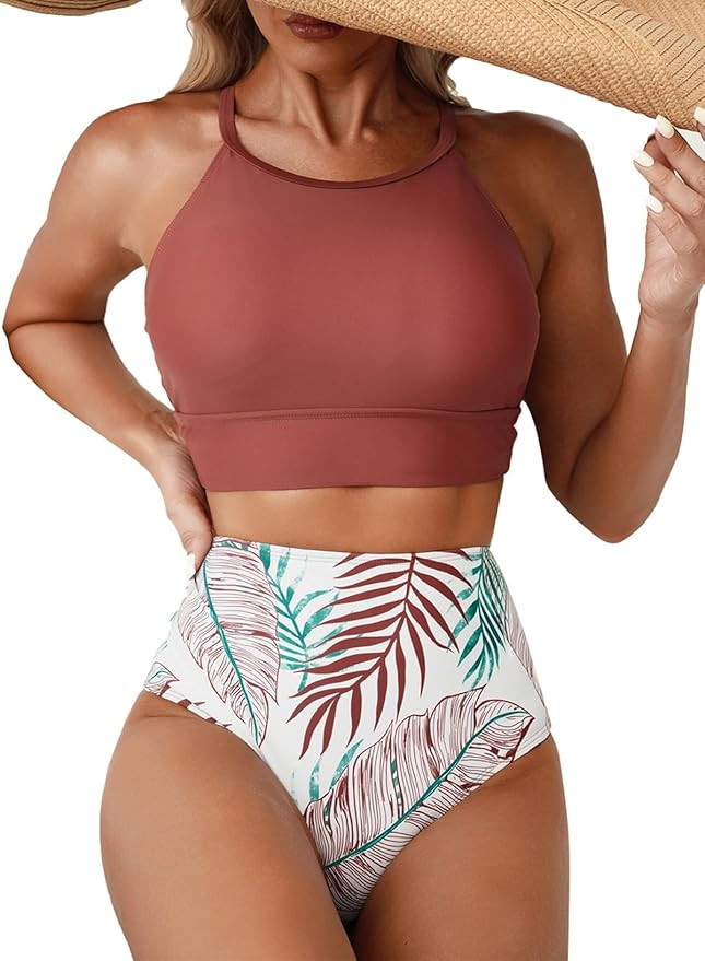 Herseas Women's Bikini Sets High Neck Tropical Leaf Print High Waisted Two Pieces Swimsuits Bathi... | Amazon (US)