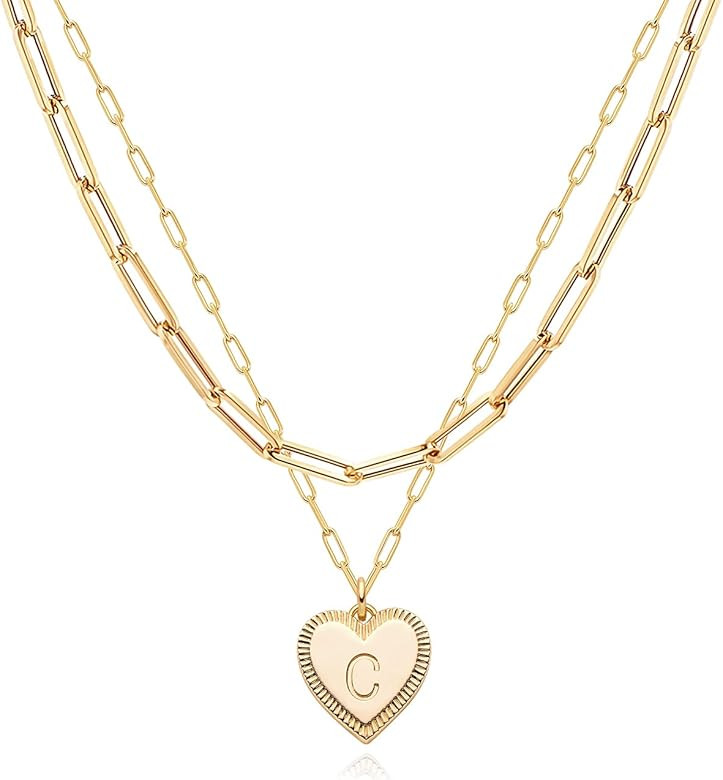 Gold Heart Necklace for Women Initial Pendant Necklace with Layered Chains Paperclip Gold Chain T... | Amazon (US)
