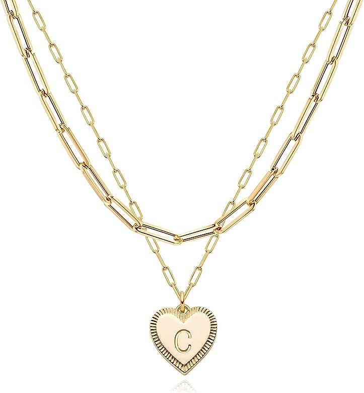 Gold Heart Necklace for Women Initial Pendant Necklace with Layered Chains Paperclip Gold Chain T... | Amazon (US)