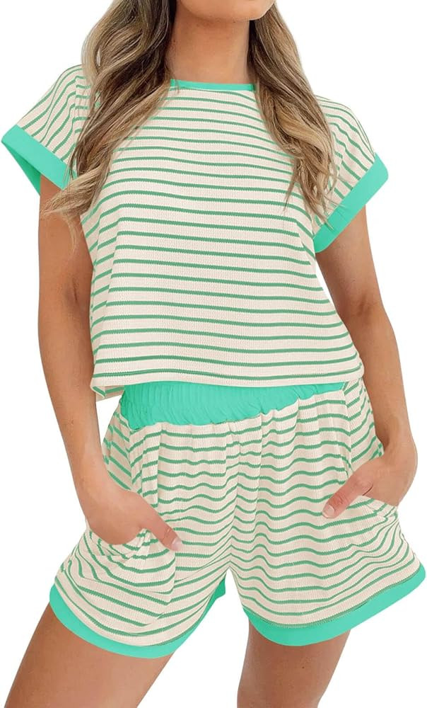 Tankaneo Womens Summer 2 Piece Sets Striped Short Sleeve T Shirts and Shorts Loungewear Matching ... | Amazon (US)