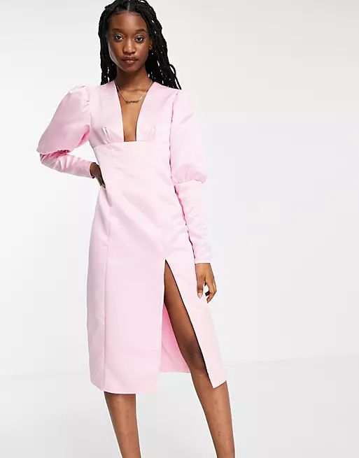 Collective the Label oversized sleeve plunge midi dress in pink | ASOS (Global)