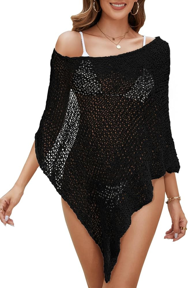 Off The Shoulder Sheer Crochet Vacation Outfits Poncho Sweater Top Summer Beach Cover Up | Amazon (US)