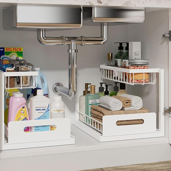Under Sink Organizer, Pull Out Cabinet Organizer, 2 Tier Metal Slide Out Shelf with L Shaped Desi... | Amazon (US)