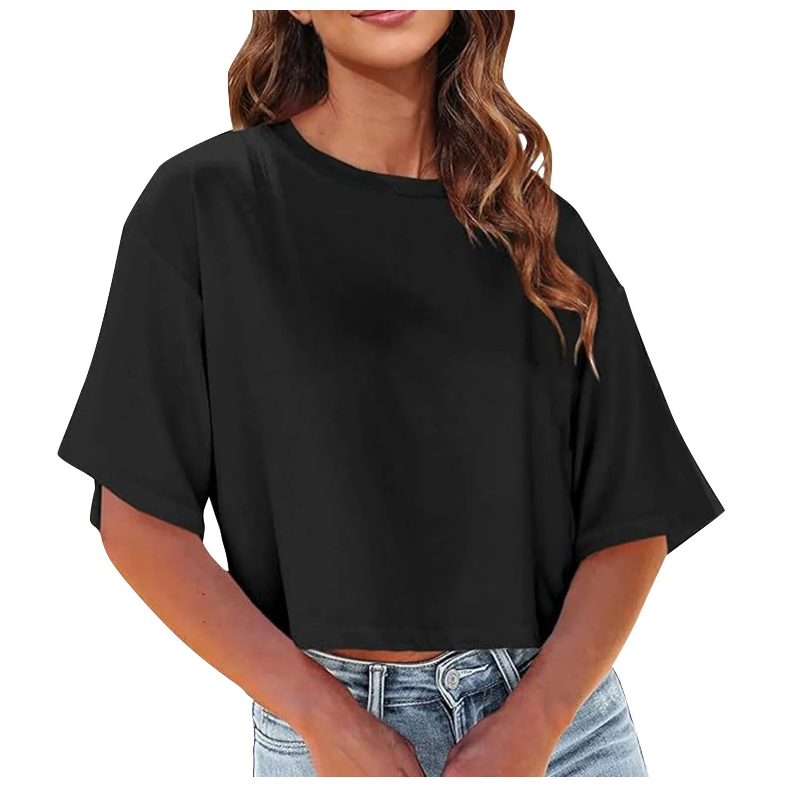 Womens Shirts Crew Neck Cropped Shirts Short Sleeve Loose Shoulder Crop Tee Women's Tops Black L | Walmart (US)
