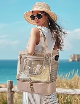 BAGSMART Beach Bag for Women, Mesh Tote Bags with Zipper, Sandproof Vacation Essentials with Cool... | Amazon (US)