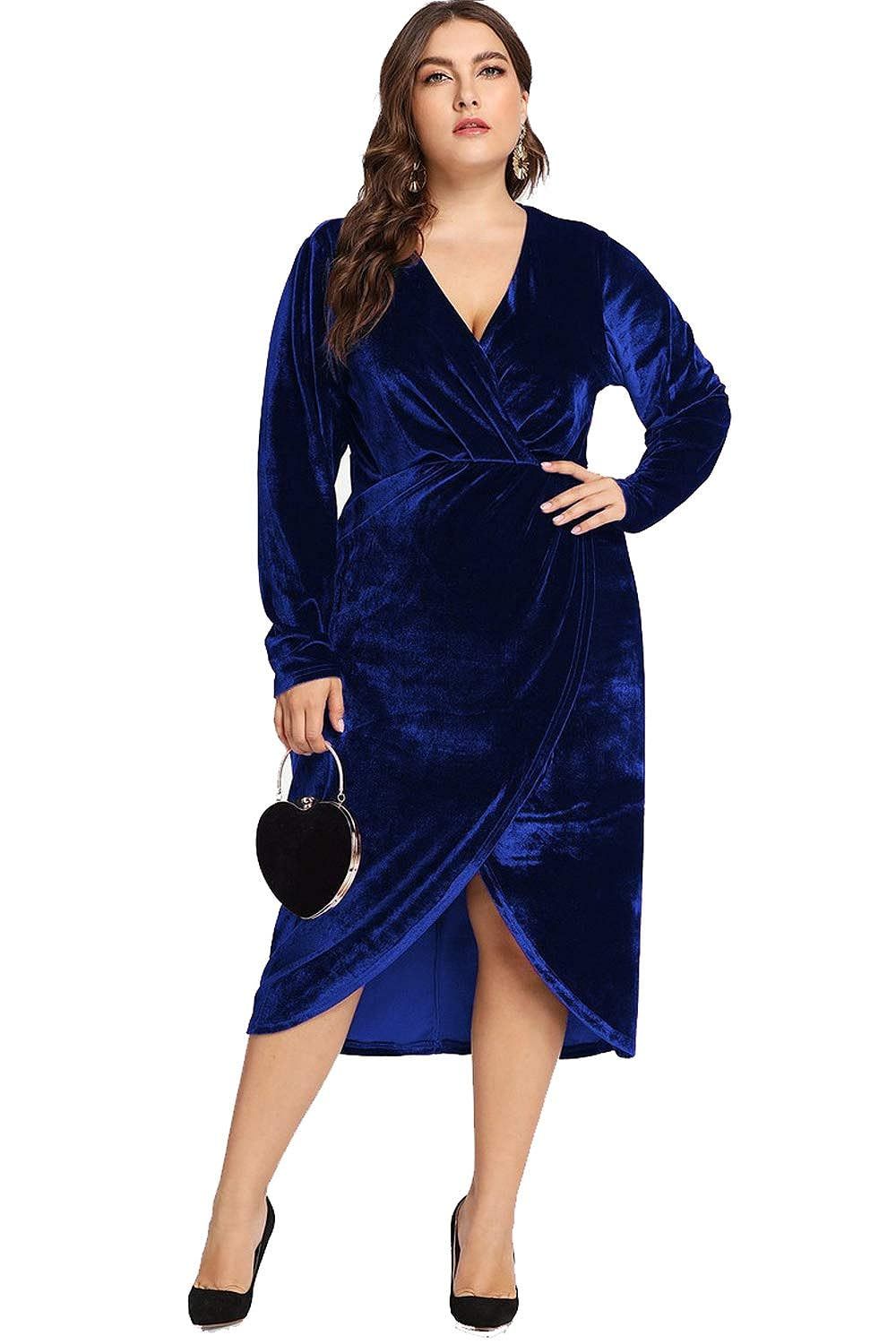 ESPRLIA Women's Plus Size High Waist Velvet Sexy Faux Wrap Pencil Cocktail Midi Dresses | Amazon (US)
