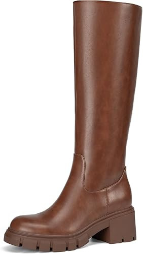 Platform Knee High Boots Tall Fall Boots Round Toe Chunky Lug Sole | Soft PU/Suede Leather, Side ... | Amazon (US)