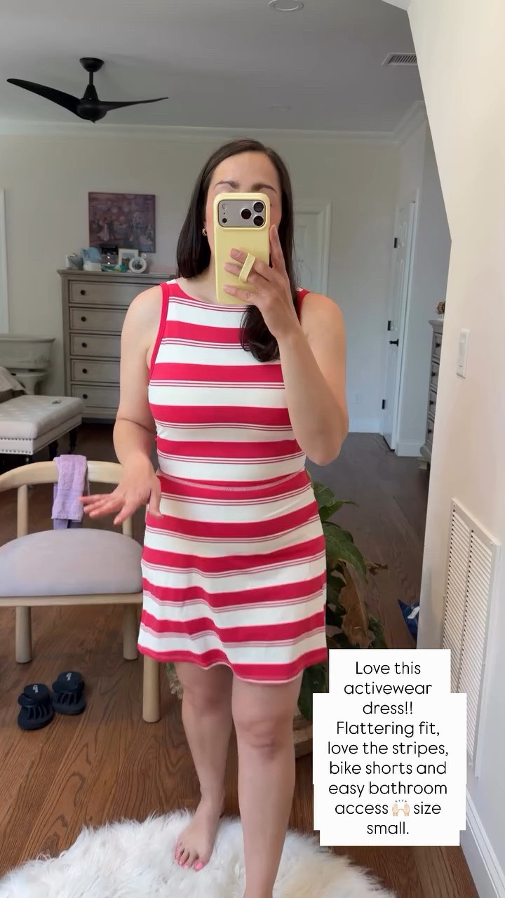 Love this activewear dress!! Flattering fit, love the stripes, bike shorts and easy bathroom access 🙌🏻 size small.