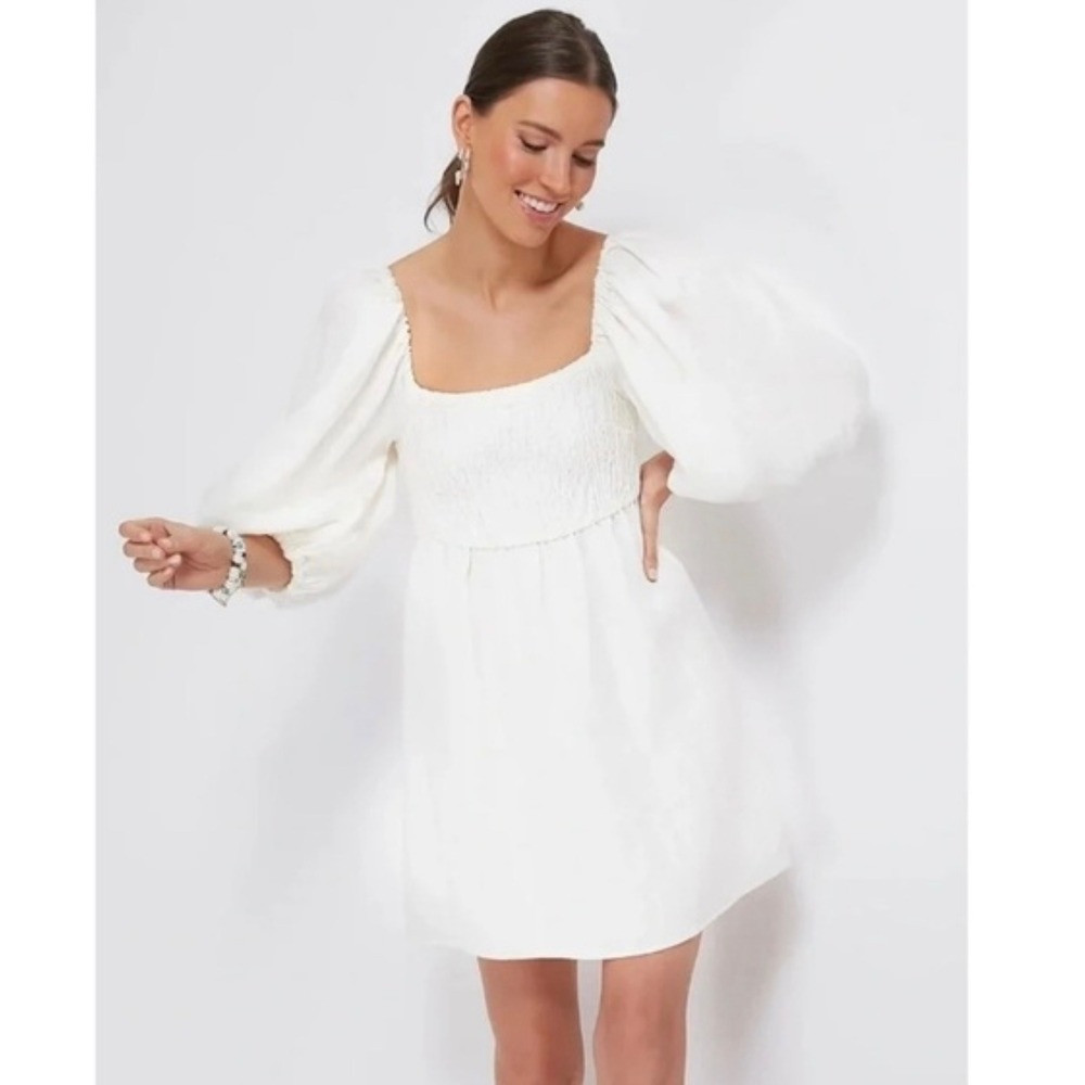 Tuckernuck Annie 100% Linen Smocked Square Neck\u200e Puff Sleeve Dress Size M white | Poshmark