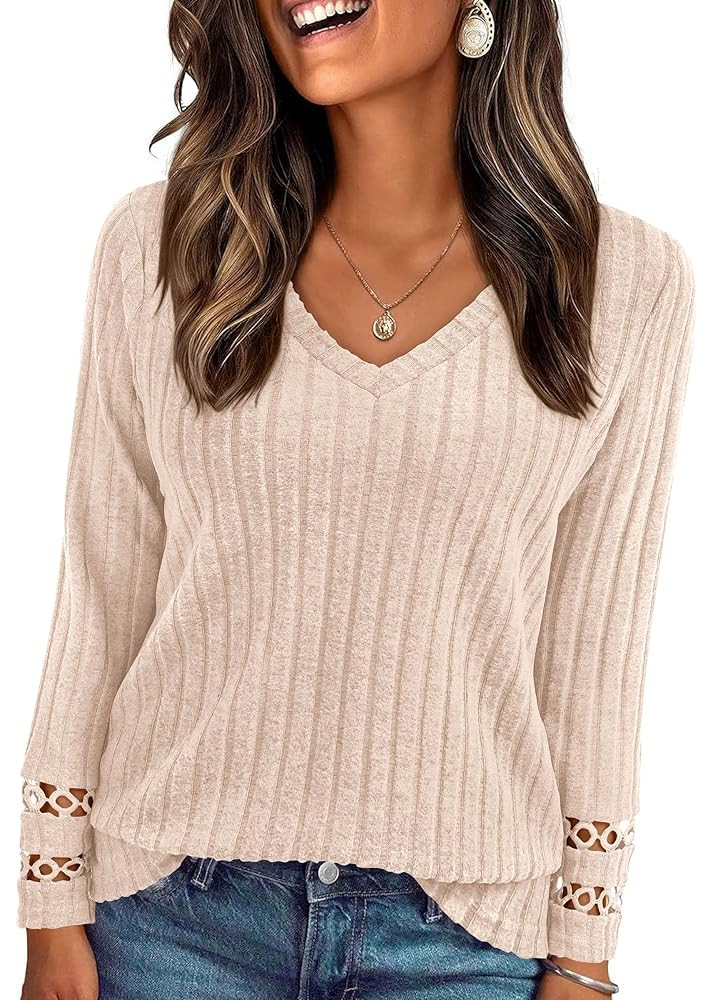 PRETTYGARDEN Women's Long Sleeve Shirts Ribbed Knit V Neck Tee Dressy Casual Blouses Going Out Tu... | Amazon (US)