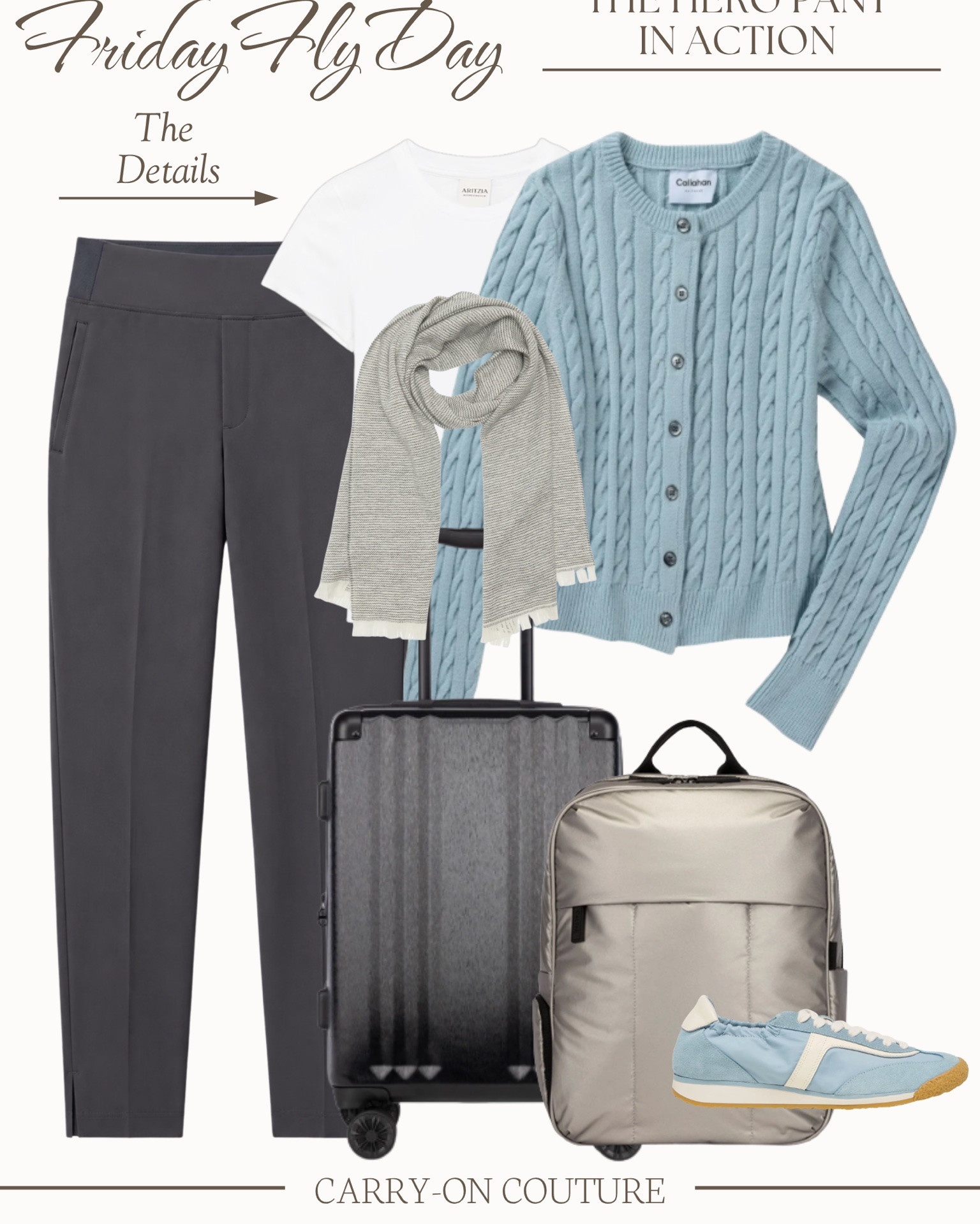 It’s Friday Fly-Day, my favorite day of the week, when we celebrate our love for travel and cute outfits!

A good travel outfit needs to be comfortable, but it also needs to be practical.

My formula: an easy-to-layer base T + a cozy outer layer + comfortable pants + a packable scarf + my bulkiest shoes.

This week, I’m putting the Capsule Hero pants into action.  They have the comfort and stretch I want for a long travel day, but the tailored look means I can wear them again and again once I arrive.

Add a slim cardigan for warmth without bulk, a lightweight scarf that can double as an extra layer, and sneakers that are better on my feet than taking up space in my suitcase.

And of course, carry-on only: an international-size roller + personal-item backpack.

#LTKOver40 #LTKTravel