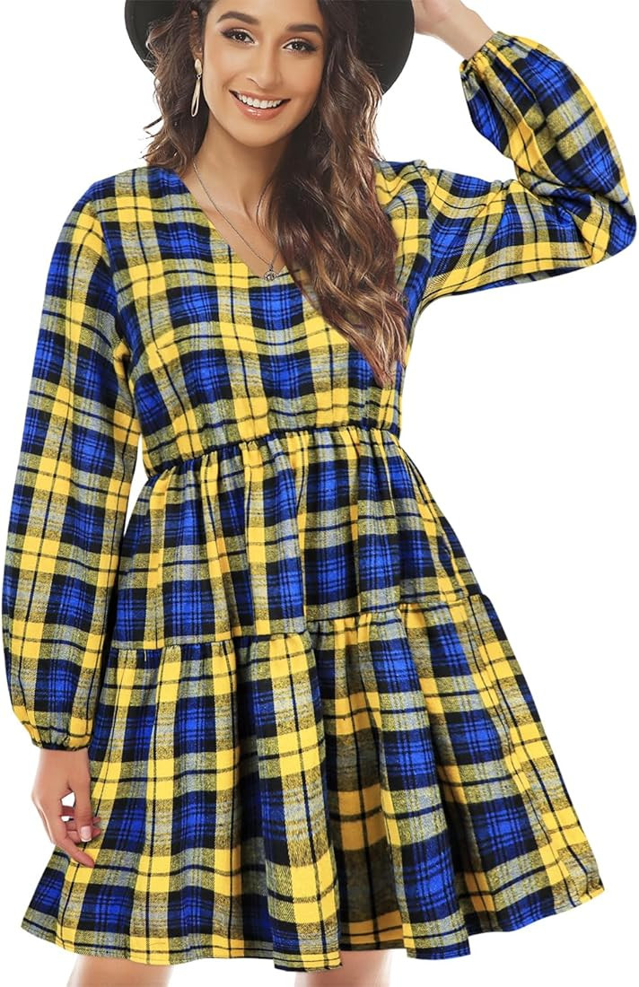 Womens Long Sleeve Buffalo Plaid Shift Tunic Dress Ruffle Hem Vneck Casual Swing Babydoll Mini Dr... | Amazon (US)