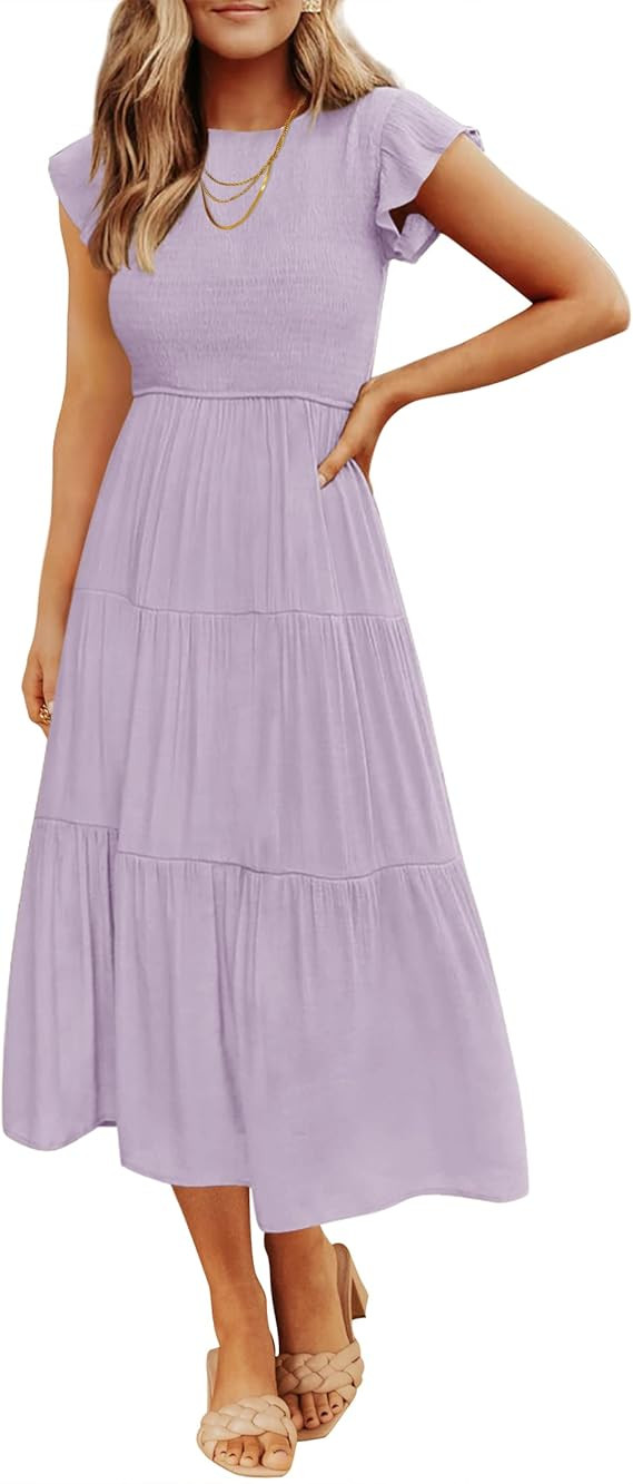 ZESICA Women's 2024 Summer Casual Flutter Short Sleeve Crew Neck Smocked Elastic Waist Tiered Mid... | Amazon (US)