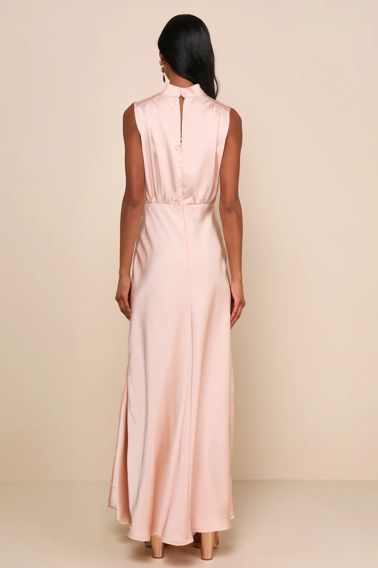 Classic Elegance Blush Satin Sleeveless Mock Neck Maxi Dress | Lulus