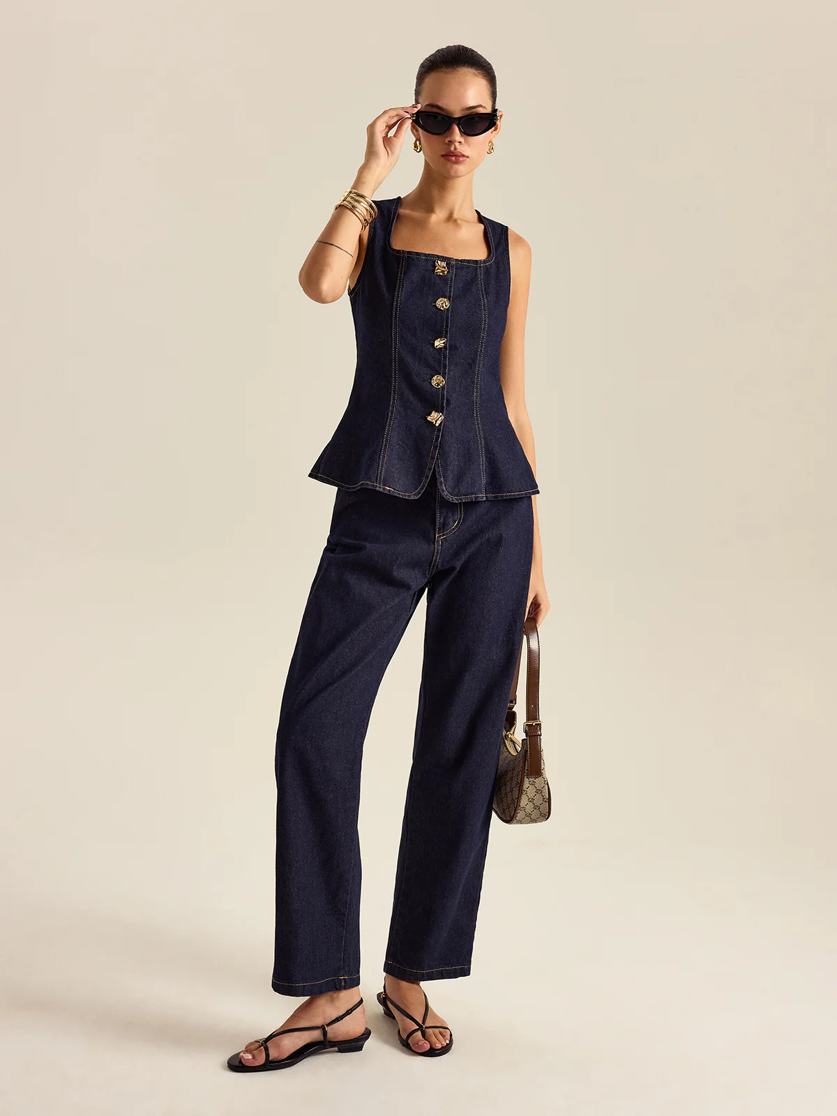 Denim Metal Button Peplum Top and Pants Set | Commense