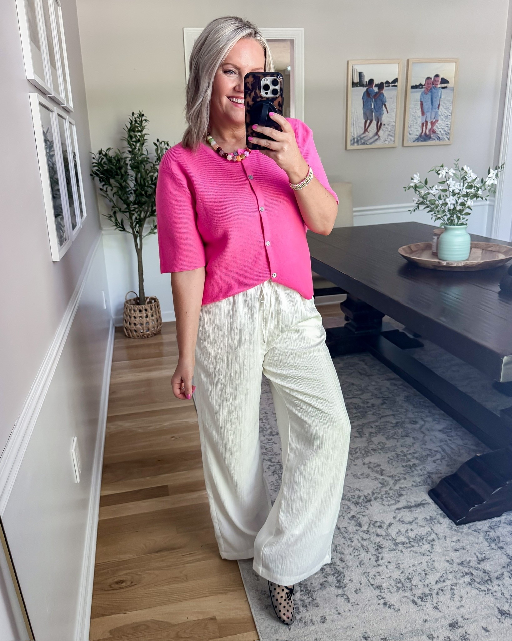 This bright pink cardigan is such a fun pop of color for spring and summer 💗 Paired with these flowy white pants, it gives that effortless “cute but comfortable” look that works for brunch, vacations, church, or everyday wear.

pink cardigan outfit, white flowy pants, spring outfit idea, colorful summer outfit, vacation outfit inspiration, casual chic style, comfy wide leg pants, bright pink top, everyday outfit idea, resort wear look, cute brunch outfit, feminine summer style, lovelylifestyling

#LTKootd #LTKSeasonal #LTKOver40