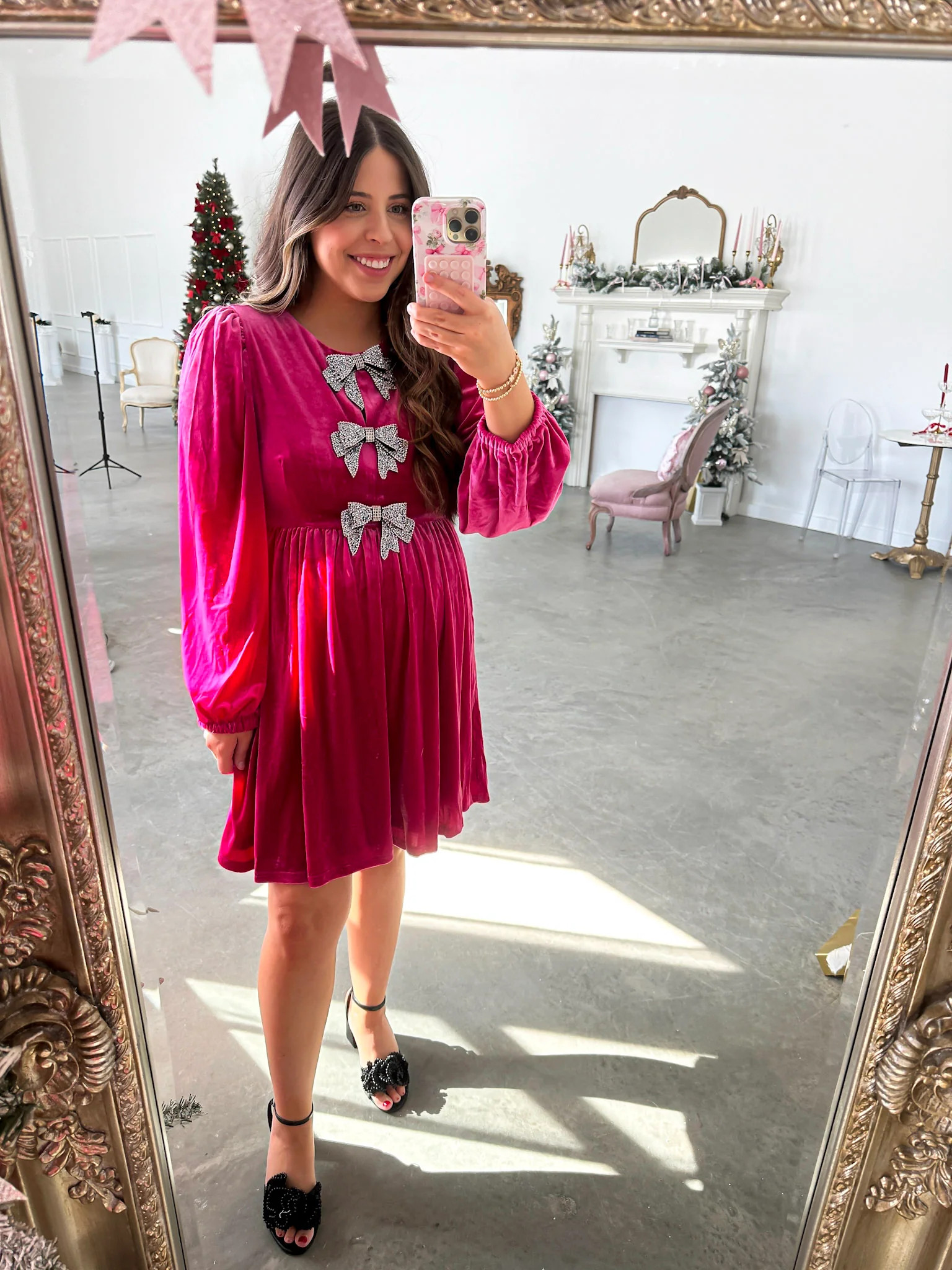 Pink & Festive Velvet Bow Dress Medium | Flourish in Frills