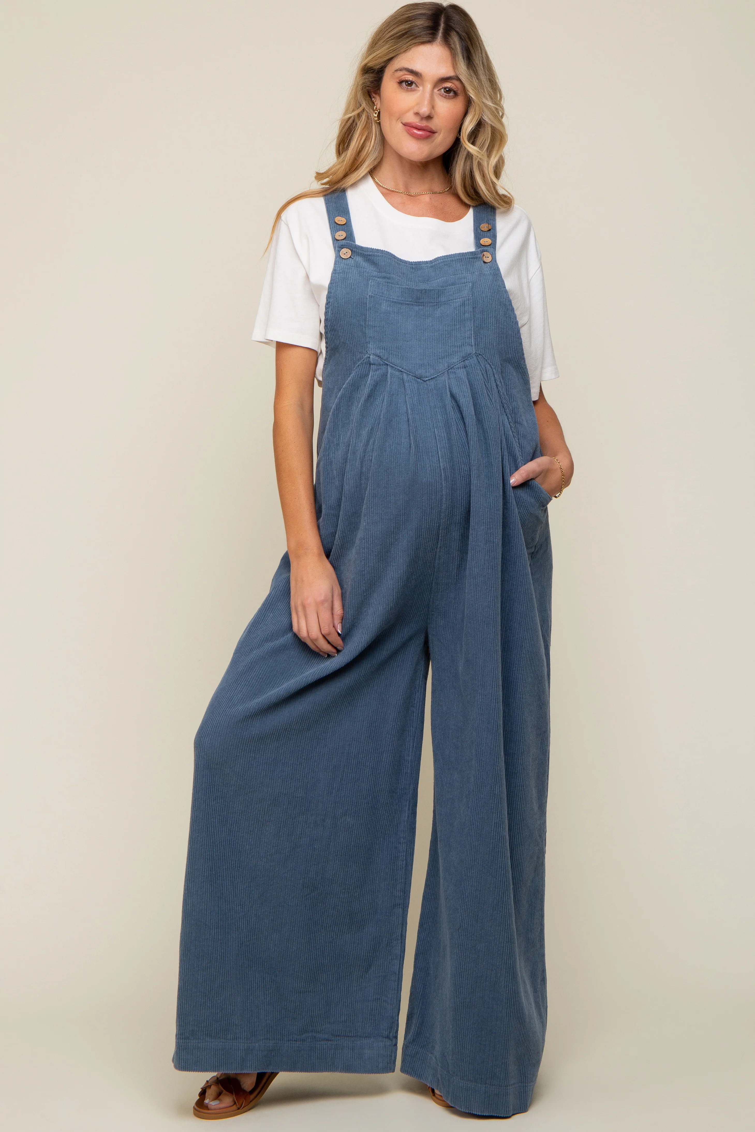 Blue Corduroy Front Pleated Wide Leg Maternity Overalls | PinkBlush Maternity