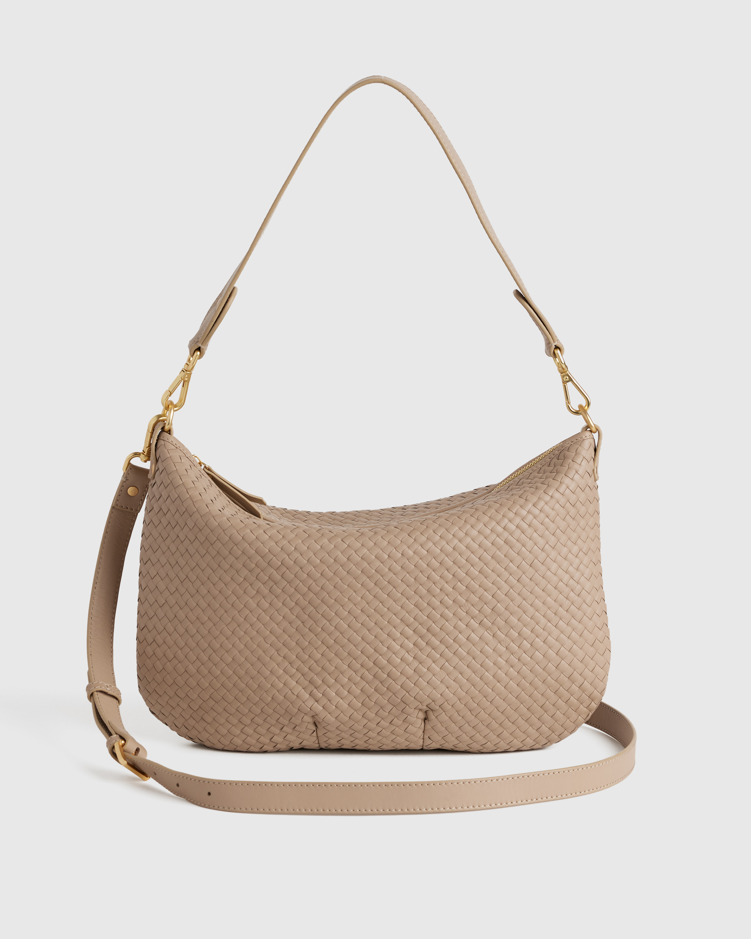 Quince | Women's Italian Leather Convertible Crescent Handwoven Shoulder Bag in Taupe | Quince