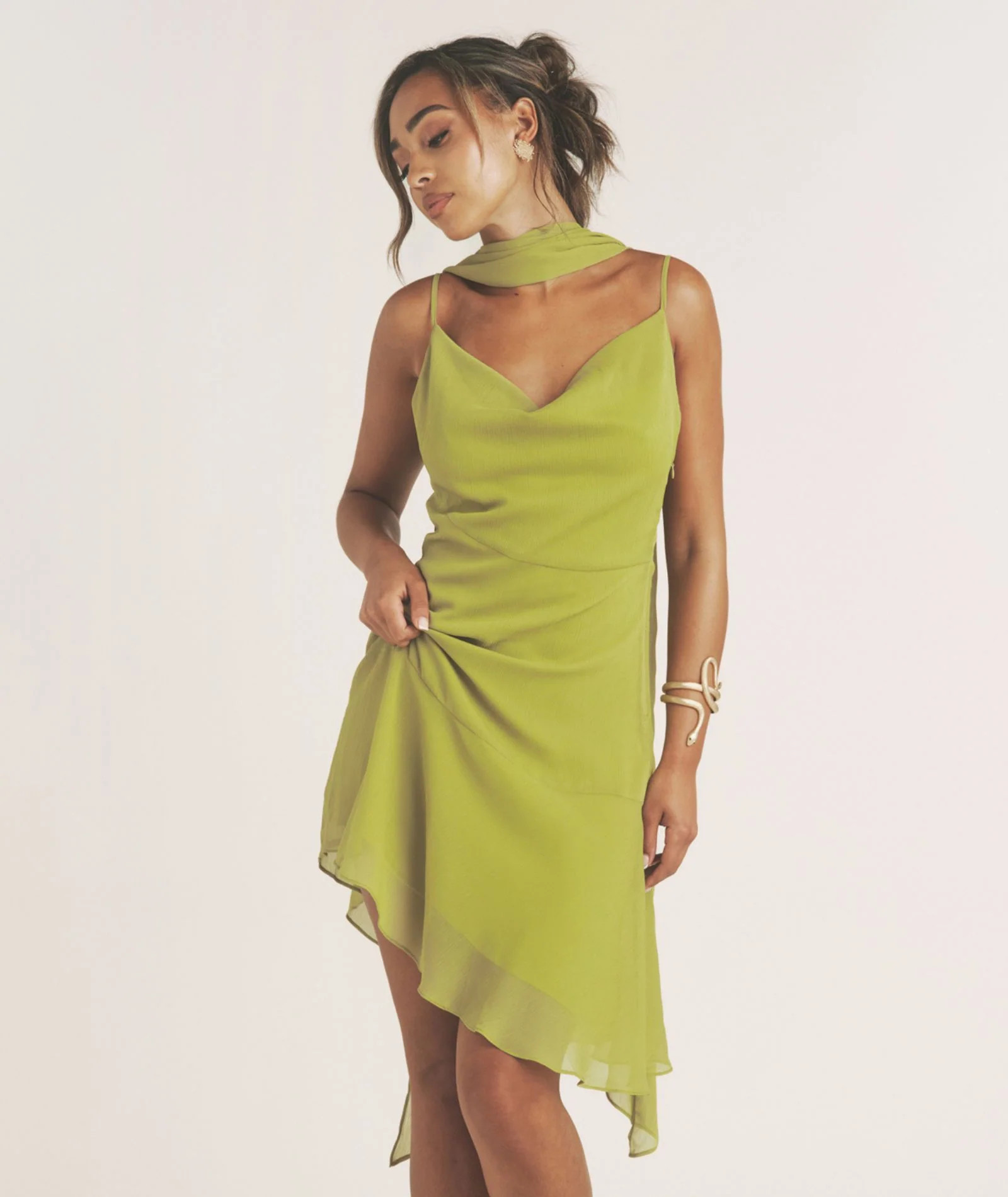 Cowl Front Mini Dress with Neck Scarf - Green | Six Stories
