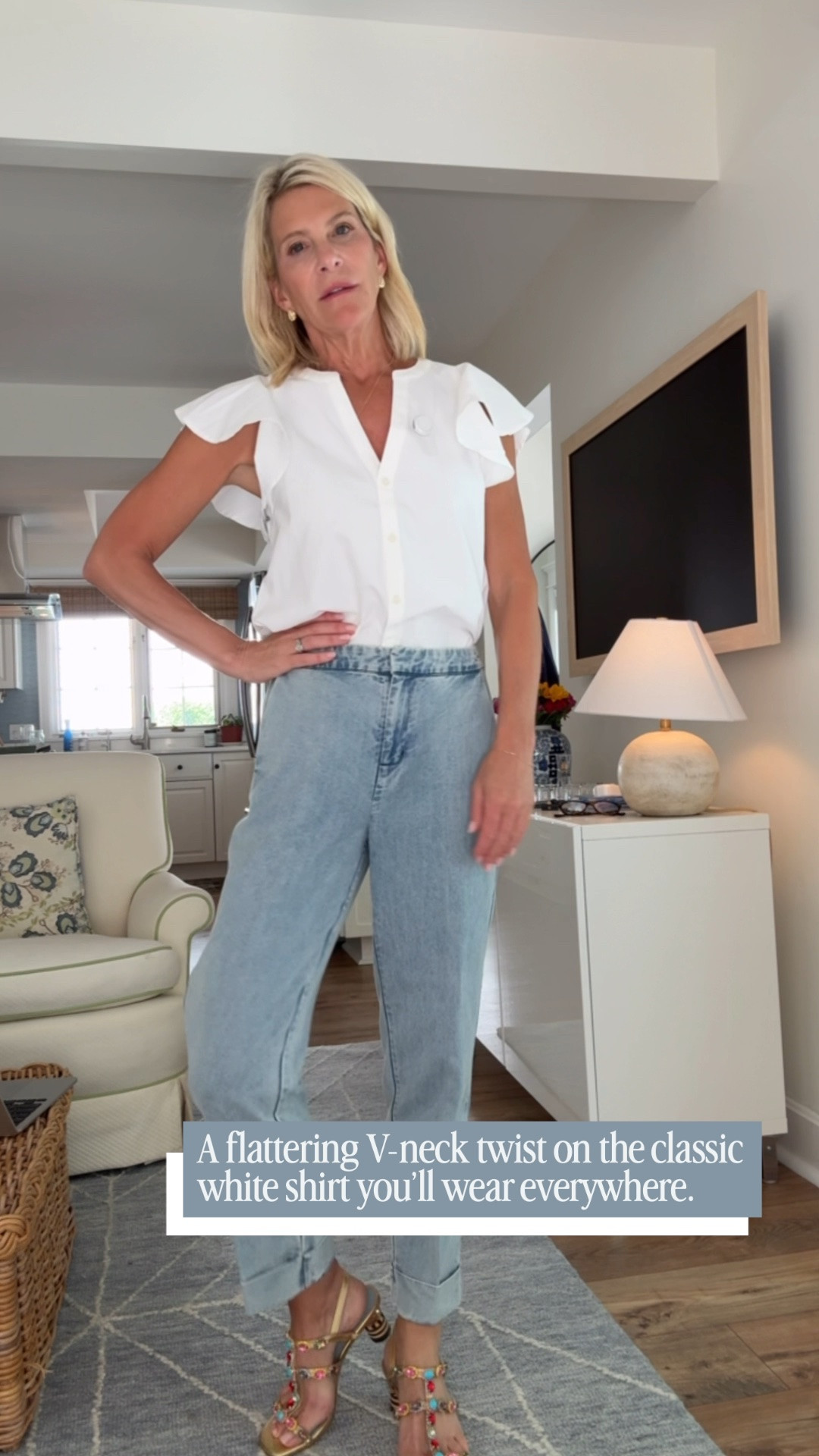 This elevated white button-down is a fresh take on a classic. I love the flattering V-neck detail, and it looks so chic with jeans and jeweled sandals for an easy, polished outfit.

👩‍💻 LTK PRO TIPS
❤️ Heart = Support my posts ;-)
🔖 Save = Get sale & restock alerts for the things you love!
📋 Lists = Keep favorites organized (List ideas: Christmas, Birthdays, and Vacations!)
📲 Share = Send lists and products to a friend (or your daughters like me).
💬 Comment = Ask me anything, and I’ll answer. ;-)

#LTKgrwm #LTKOver40 #LTKSeasonal
