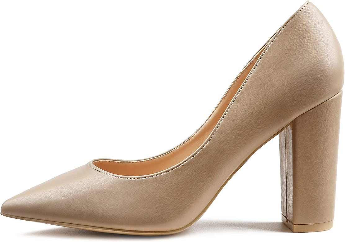JOY IN LOVE Chunky Heels for Women High Block Heel Pointy Toe Dress Work Pumps | Amazon (US)