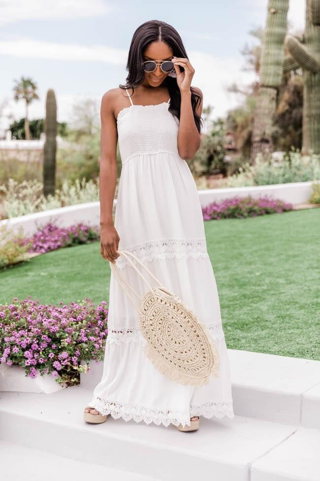 A Daily Reminder Smocked Lace White Maxi Dress | The Pink Lily Boutique