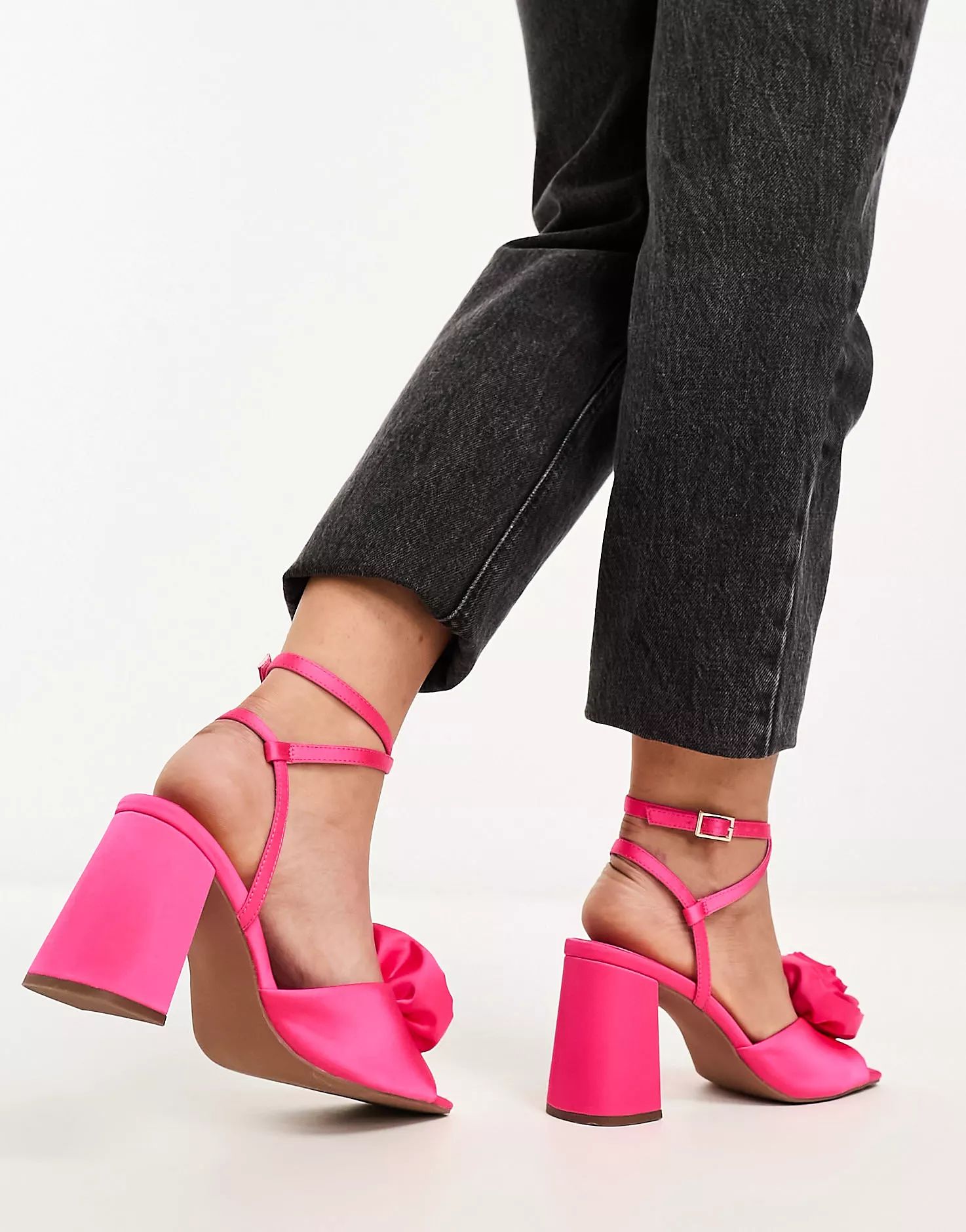 ASOS DESIGN Wide Fit Heather corsage mid heeled sandals in pink | ASOS (Global)