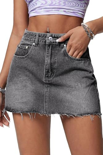 ELLEVEN Mini Jean Skirts for Women Denim Trendy Low Waisted Denim Skirt Casual High Stretchy Raw Hem Y2K Button A Line Jean Skirts with Pockets Grey Black Denim X-Small | Amazon (US)
