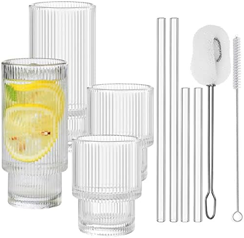 ALINK Ribbed Drinking Glasses with Glass Straws 4pcs Set, Stackable Vintage Ripple Glass Cups, Ri... | Amazon (US)