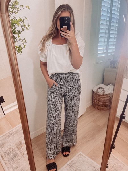 Summer business casual workwear outfit inspo! A great white top you can dress up or down! Cute for you teachers! I’m in a size small in both the pants and top 