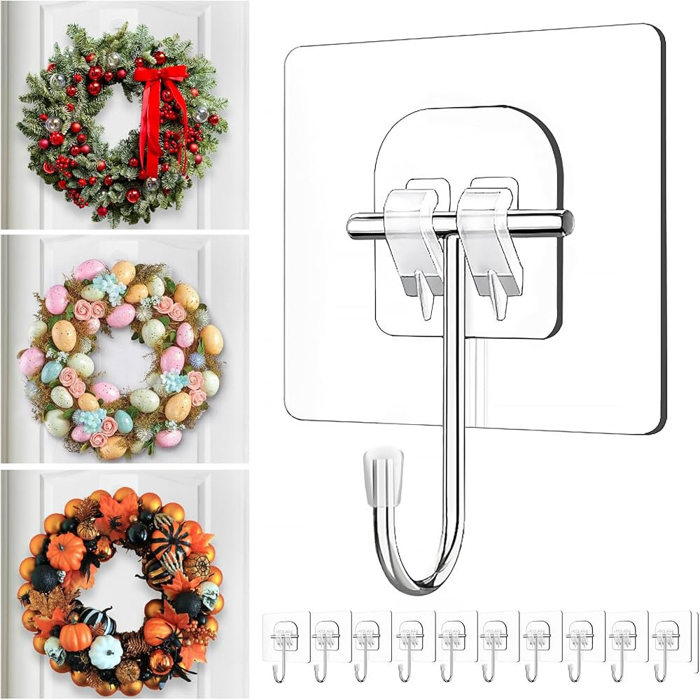 Wreath Hangers for Front Door,Large Adhesive Wall-Hooks-for-Hanging-Heavy-Duty,10 Pack Christmas ... | Amazon (US)