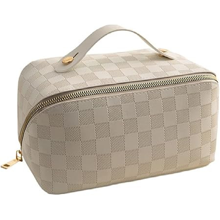Brown Large Capacity Travel Cosmetic Bag Plaid Checkered Makeup Bag PU Leather Waterproof Skincar... | Amazon (US)