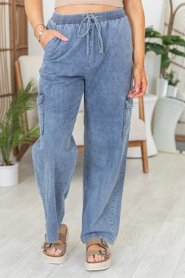 In The Clouds Medium Wash Chambray Cargo Pants | Pink Lily