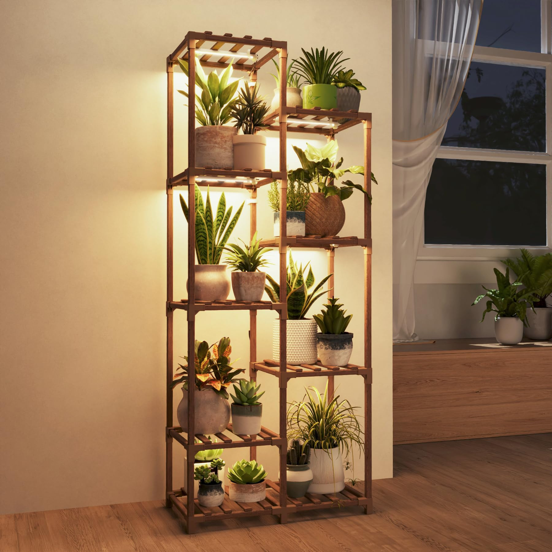 Bamworld Plant Stand with Grow Light Tall Plant Shelf for Mutiple Pots Large Wood Plant Holder Ra... | Amazon (US)