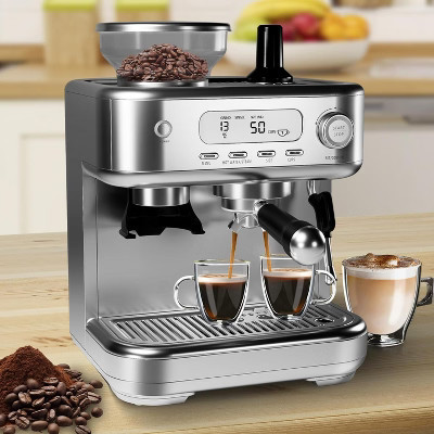 Espresso Coffee Maker, 15 Bar Professional Espresso Coffee Maker with Built-in Grinder, Display, Self-Clean Latte Machines, for Office Grey | Target