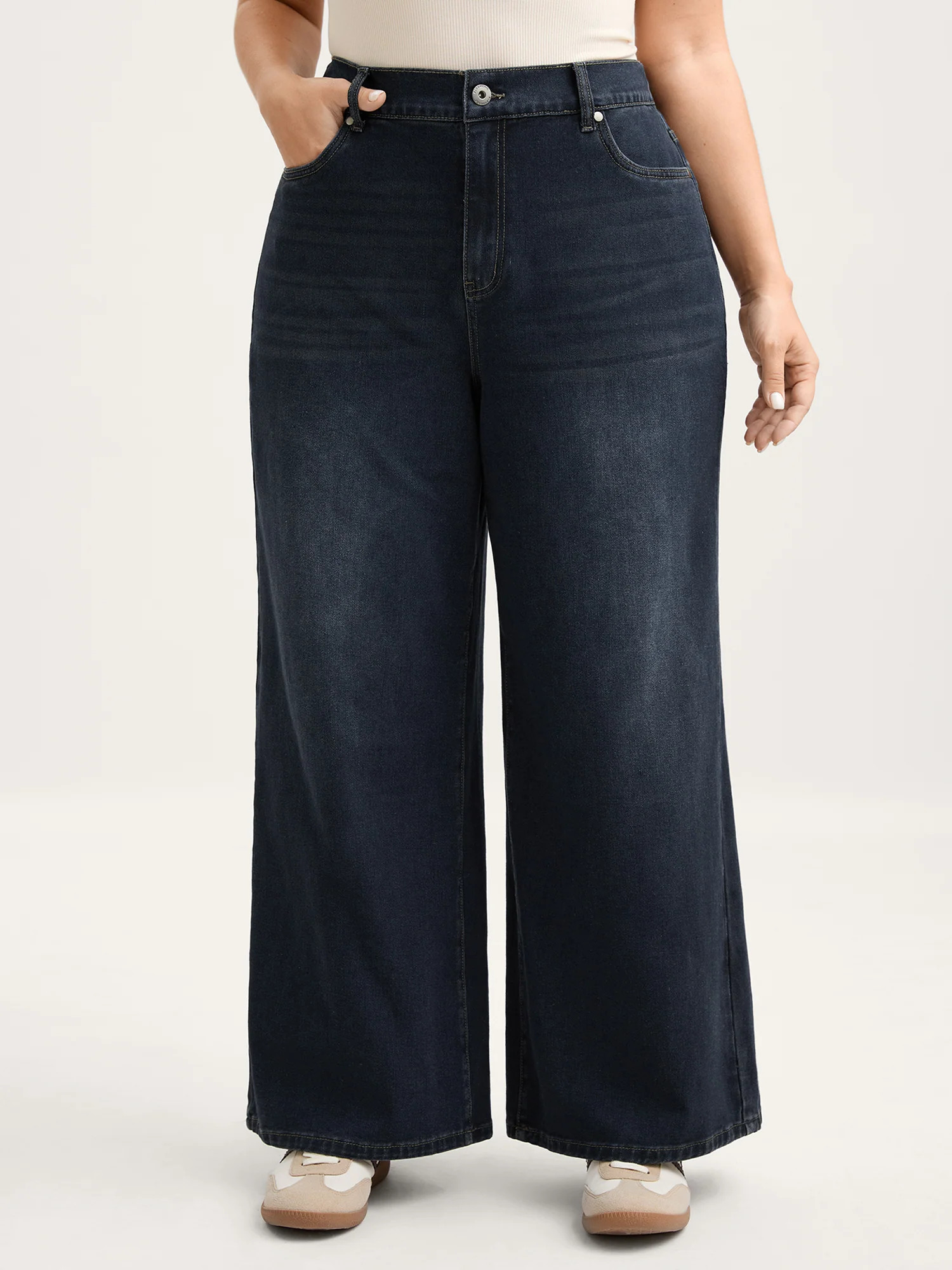Stretchy Waist Retro Wash Wide-Leg Jeans | Bloomchic