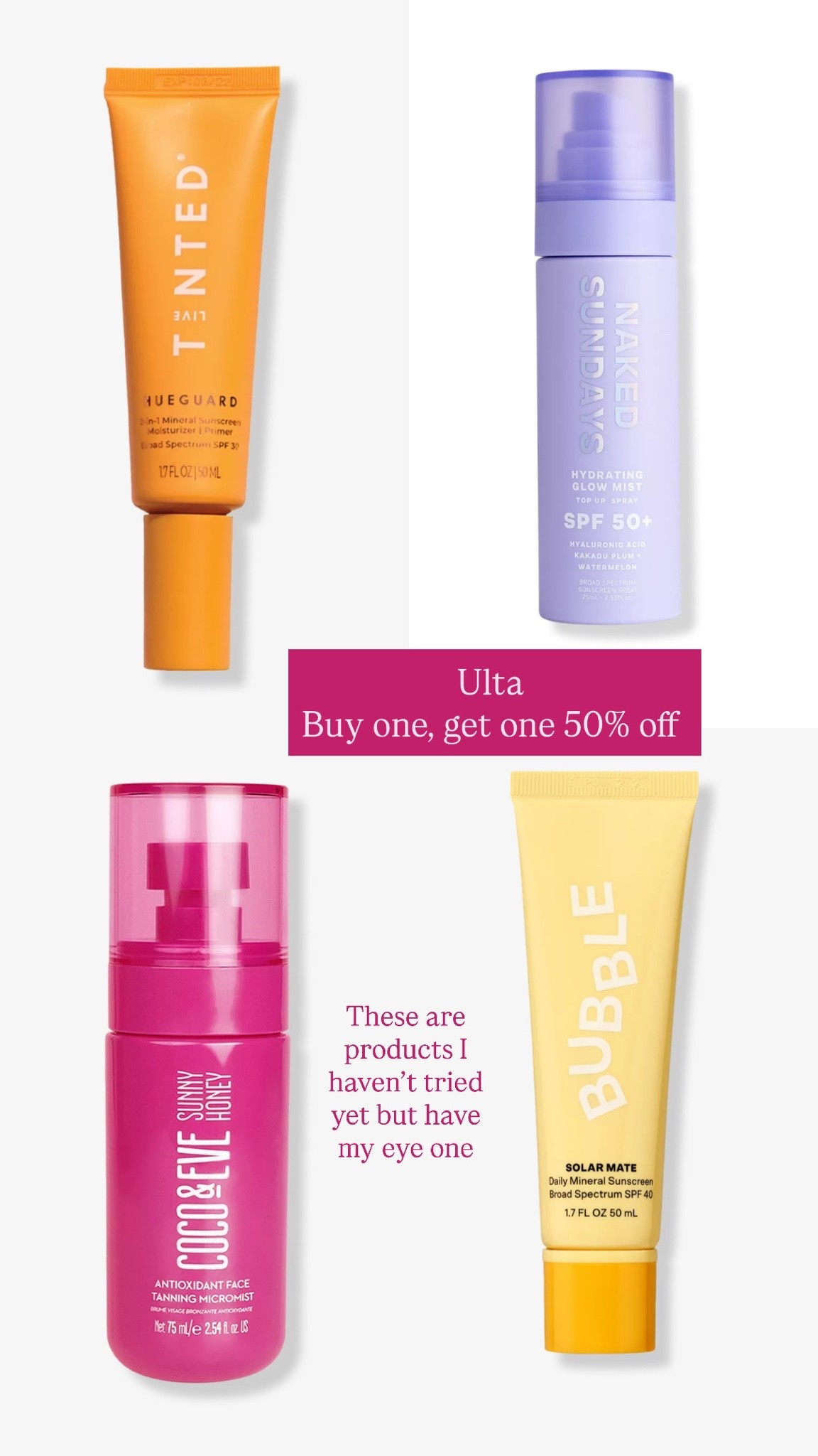 @ulta Suncare - buy one get one 50% off - a great time to try some new items and brands!

I have not tried any of these but they have great reviews and ones that would we on my list!

@Coco & Eve @Naked Sundays US

#LTKmomlife #LTKselfcare #LTKSeasonal
