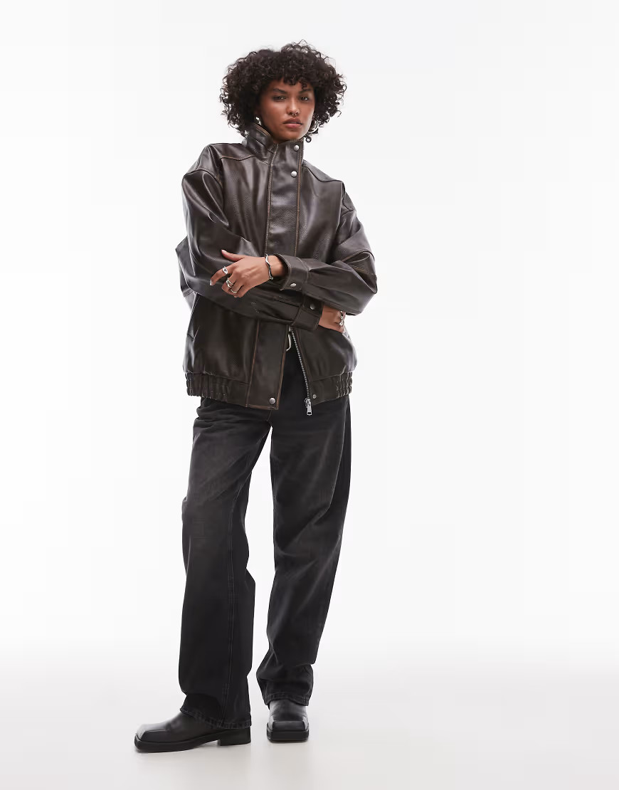 Topshop faux leather super oversized bomber jacket with borg lining-Multi | ASOS (Global)