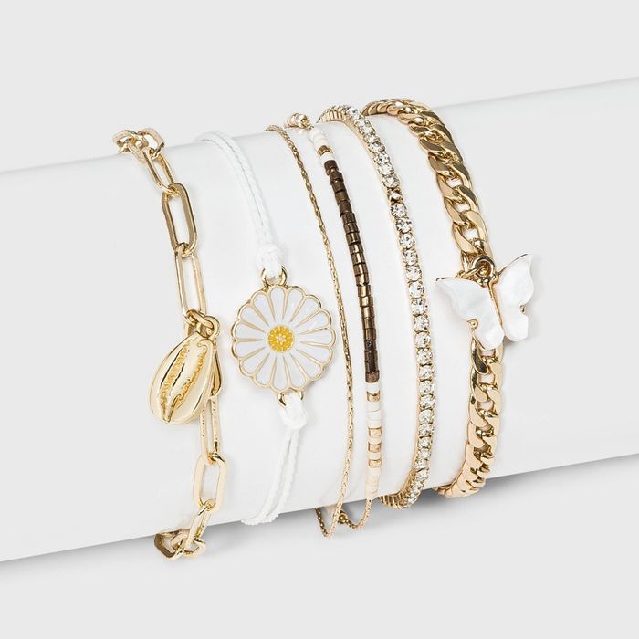 Shiny Gold with Beads and Cord Multi-Strand Bracelet Set 6pc - Wild Fable™ White | Target