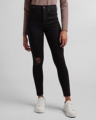 High Waisted 4-Way Hyper Stretch Black Ripped Skinny Jeans | Express