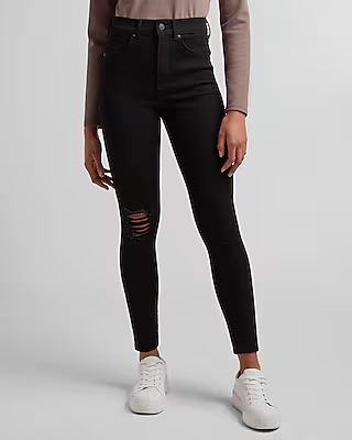 High Waisted 4-Way Hyper Stretch Black Ripped Skinny Jeans | Express