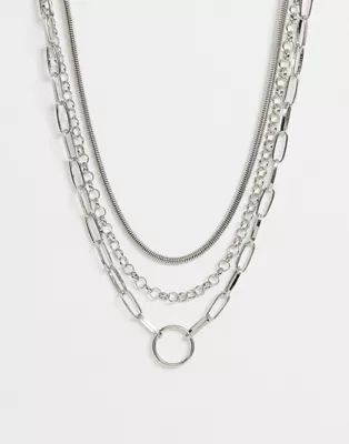 ASOS DESIGN multirow necklace with snake and open link chain in silver tone | ASOS (Global)