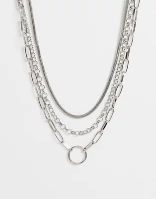 ASOS DESIGN multirow necklace with snake and open link chain in silver tone | ASOS (Global)