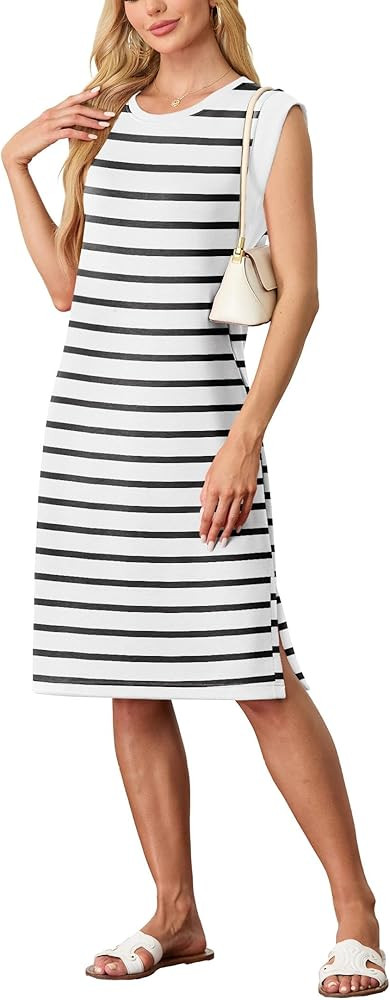 GRECERELLE 2026 Women Summer Round Neck Casual Loose Split Wrinkle-Free Midi Dress with Pockets (... | Amazon (US)