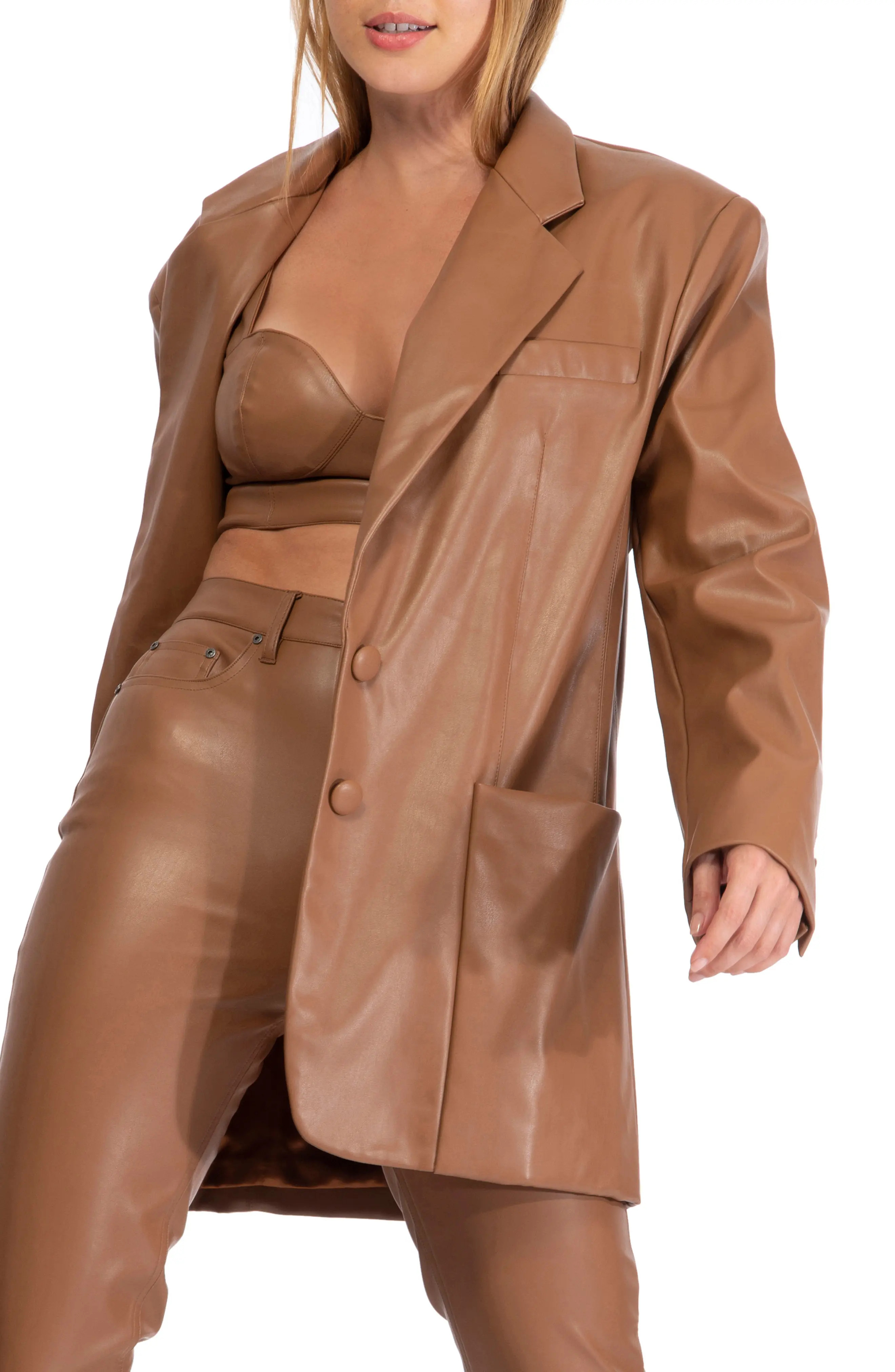 AFRM Faux Leather Blazer in Brown Sugar at Nordstrom, Size Medium | Nordstrom