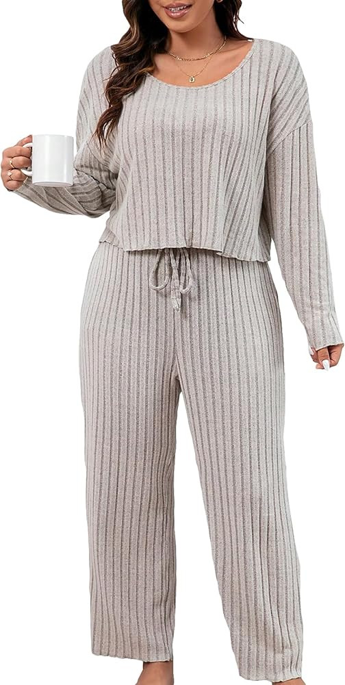 WDIRARA Women's Plus Size 2 Piece Lounge Sets Sleepwear Ribbed Long Sleeve Tee and Pants Pajama S... | Amazon (US)