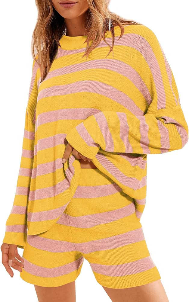 Balimtoy Women Striped Sweater Set Oversized Lounge Set Matching Pajama Sets Knit Long Sleeve 2 P... | Amazon (US)