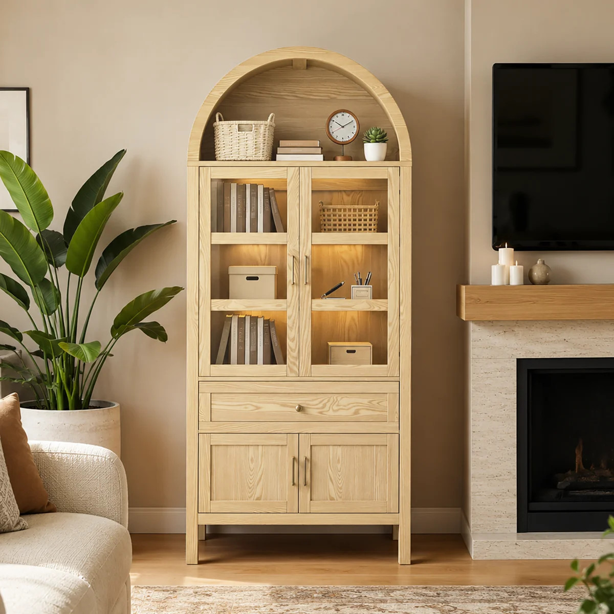 71'' Tall Arched Book Cabinet with Lights and Adjustable Shelves, Drawer, Tempered Glass Doors Wo... | Wayfair North America