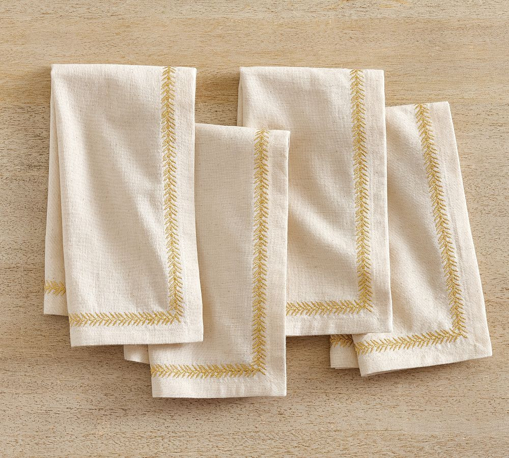 Gold Border Embroidered Napkins - Set of 4 | Pottery Barn (US)